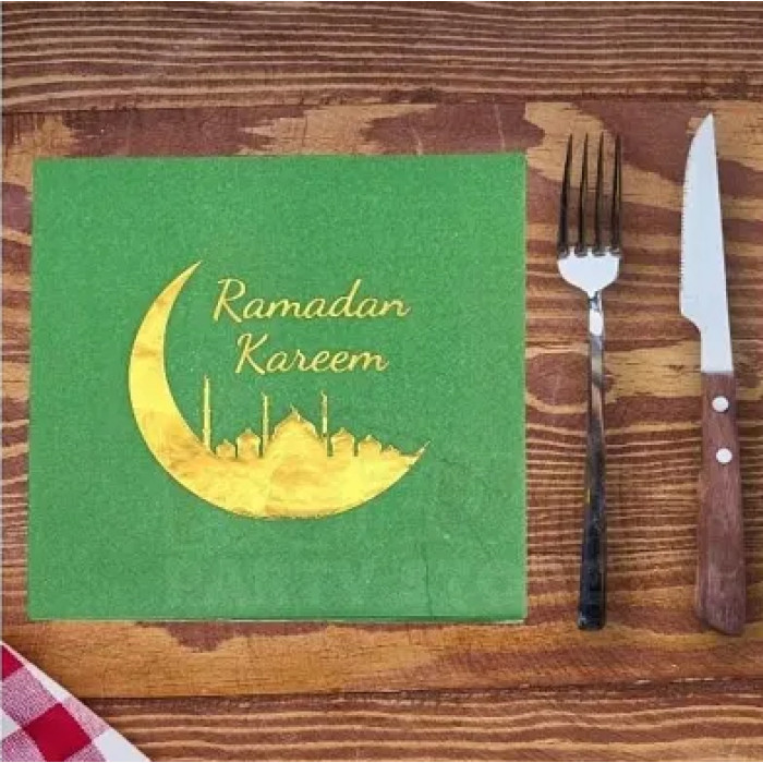 Altın Yaldızlı Yeşil Ramadan Kareem Peçeteleri (16 pcs)